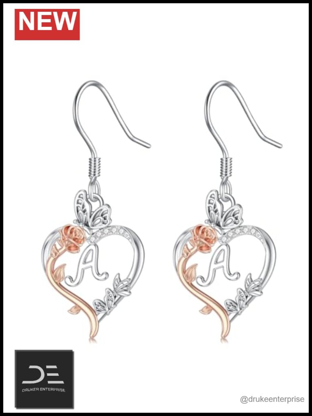 Sterling Silver Heart Initial Drop Earrings A Letter Butterfly Dangle Jewelry
